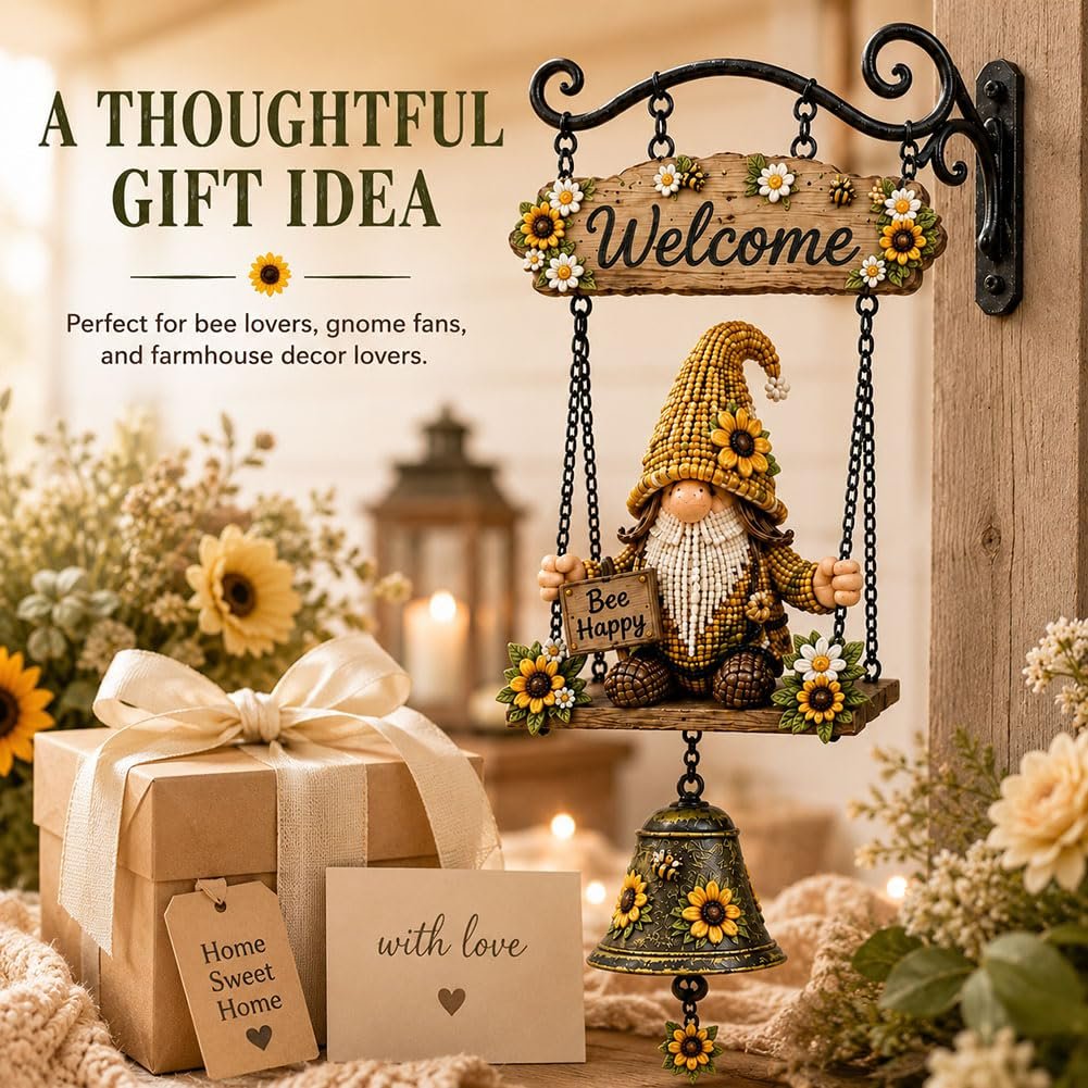 🔔Country Garden Gnome Bell Hanging Sign, Bee Themed Farmhouse Outdoor Porch Wall Decor