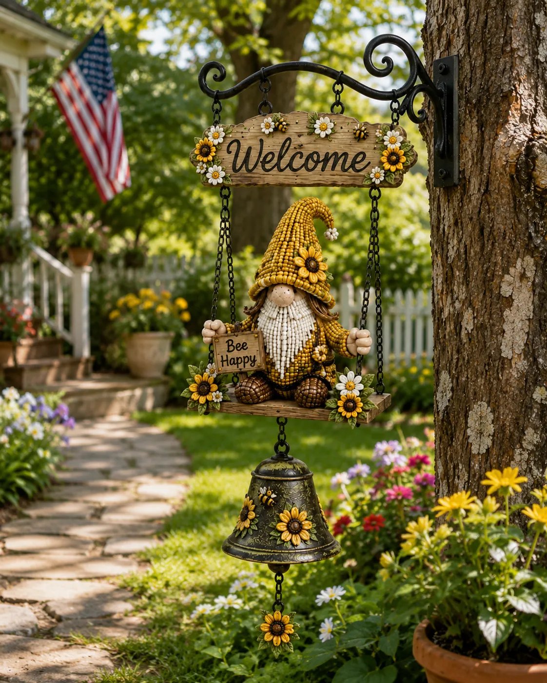 🔔Country Garden Gnome Bell Hanging Sign, Bee Themed Farmhouse Outdoor Porch Wall Decor