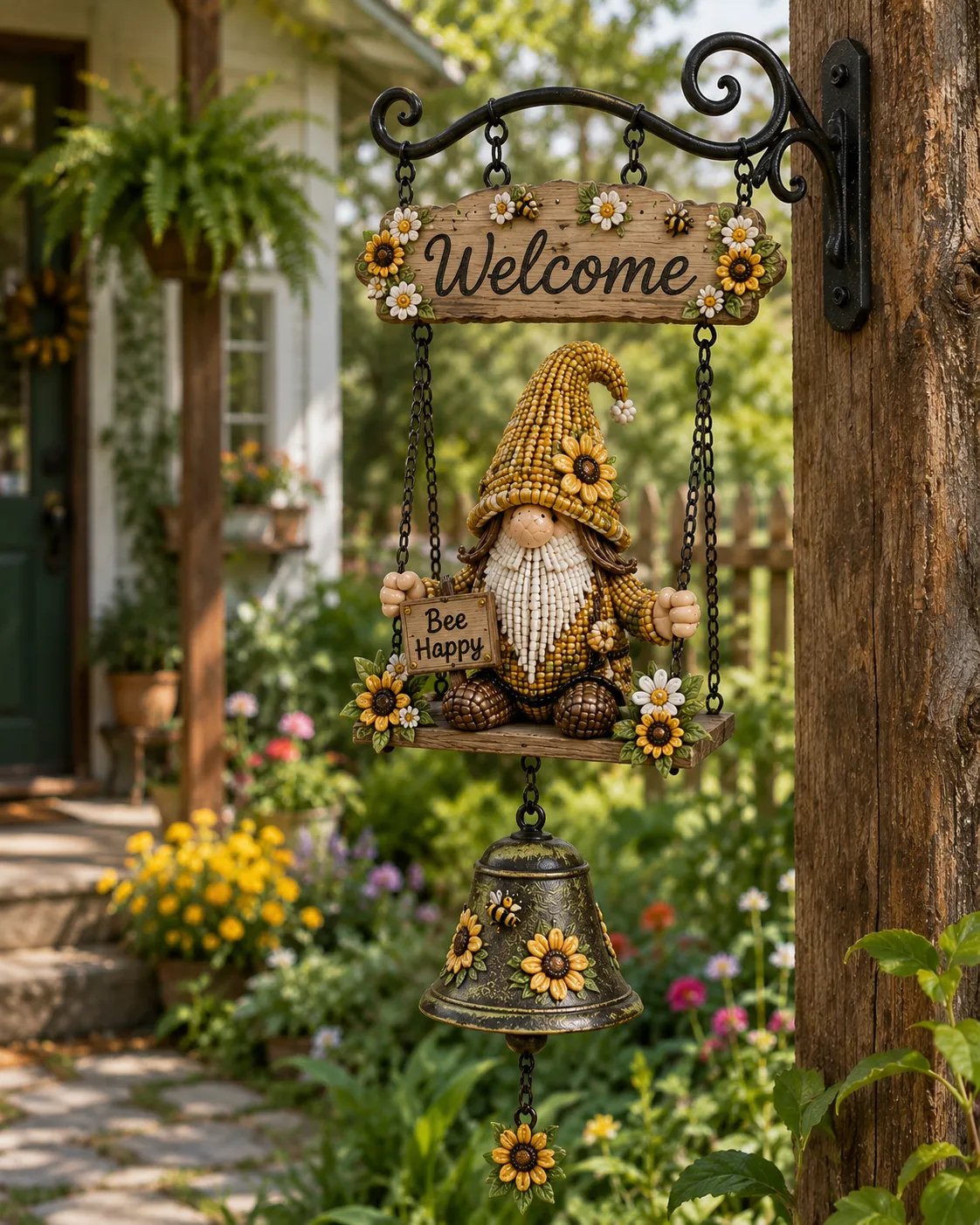 🔔Country Garden Gnome Bell Hanging Sign, Bee Themed Farmhouse Outdoor Porch Wall Decor