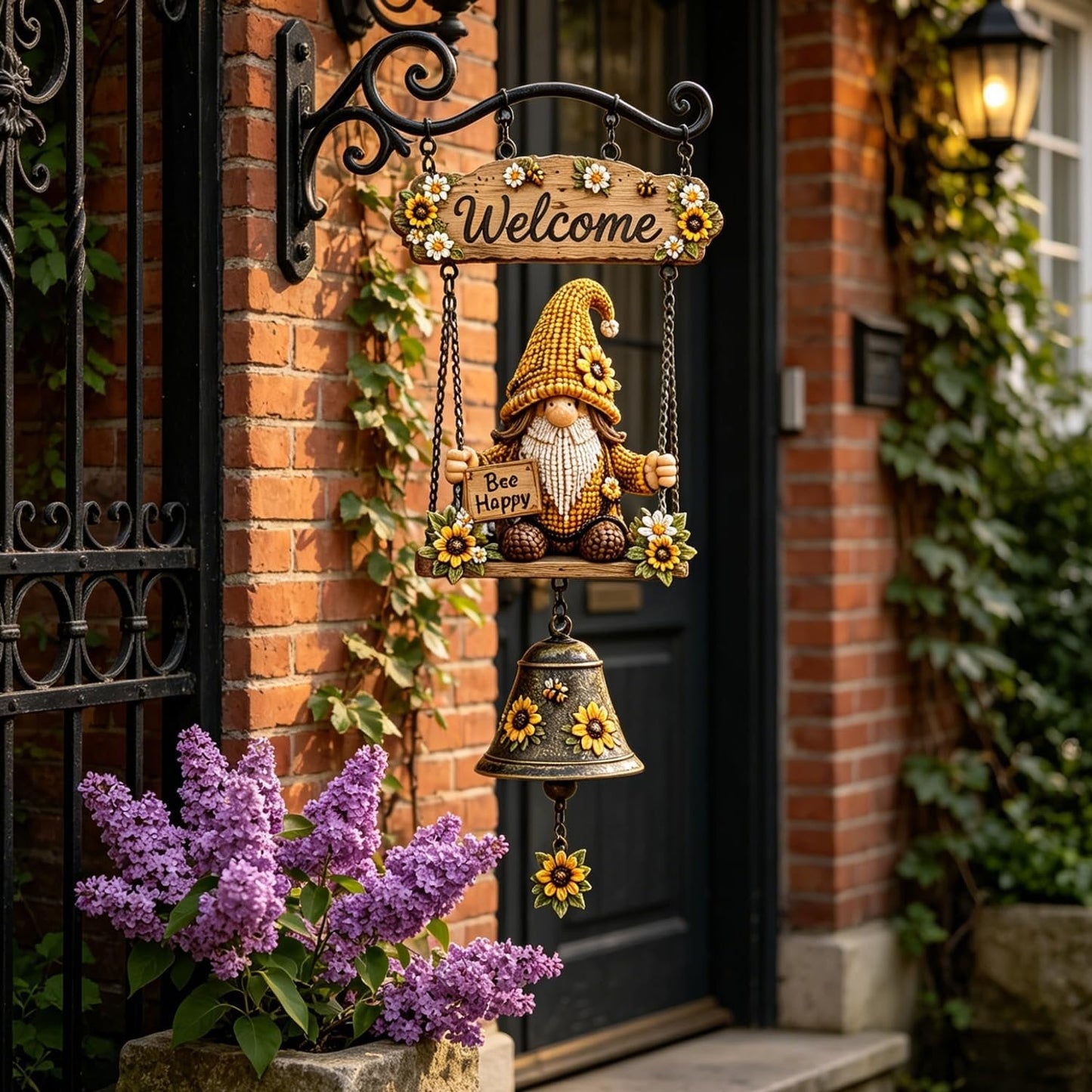 🔔Country Garden Gnome Bell Hanging Sign, Bee Themed Farmhouse Outdoor Porch Wall Decor
