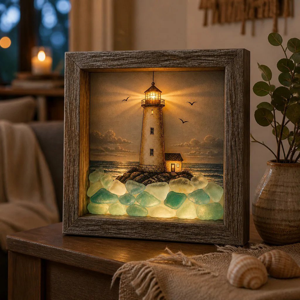 🎁Last Day 49% OFF 🔥💝Coastal Lighthouse Sea Glass Shadow Box Night Light